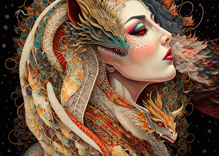 Intricate makeup woman with ornate dragons in fantasy setting