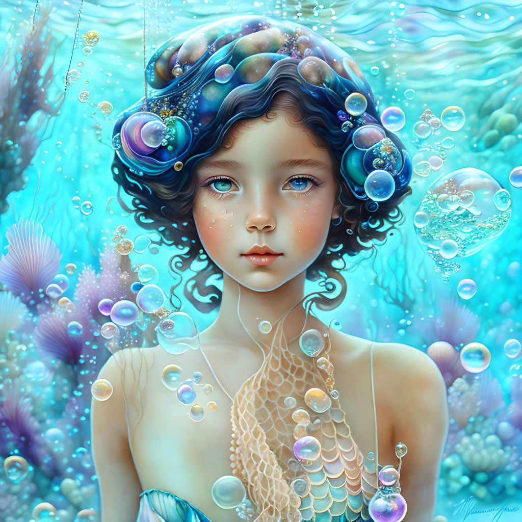 Colorful ocean-themed fantasy illustration with young girl, coral reef hair, floating planets, and delicate bubbles