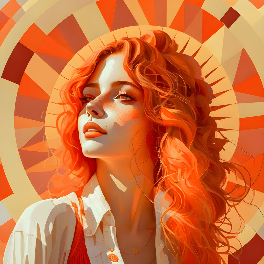 Digital portrait of woman with curly red hair and sun-kissed skin