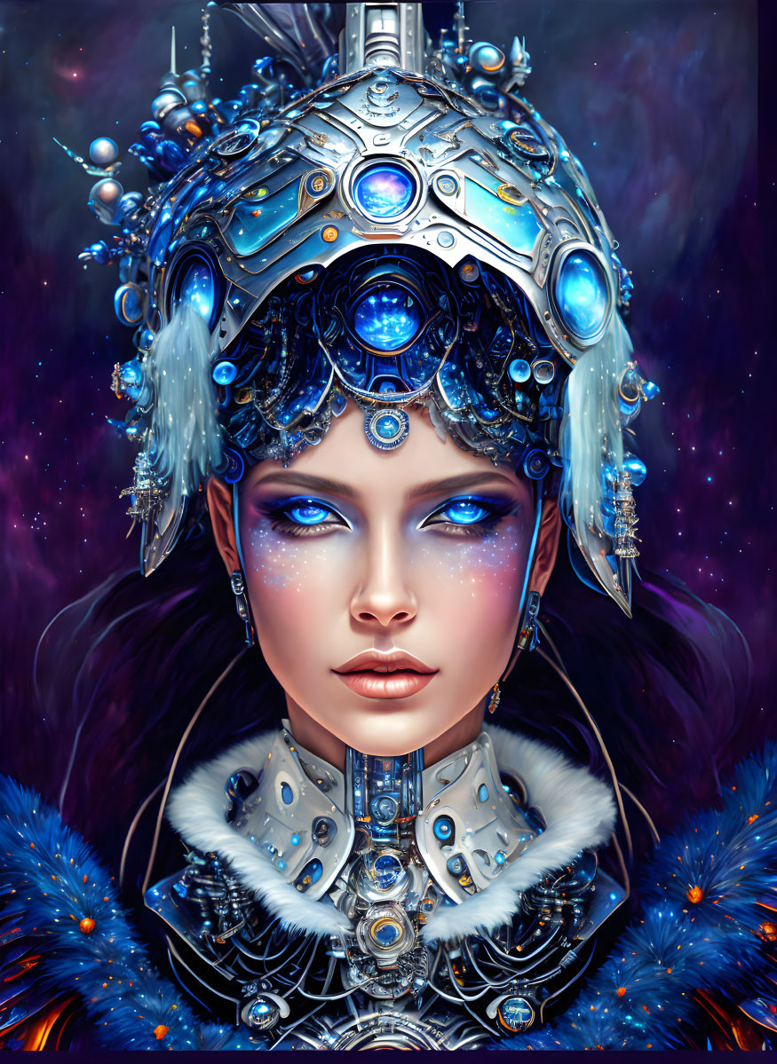 Futuristic digital portrait of a woman in silver and blue attire against cosmic backdrop