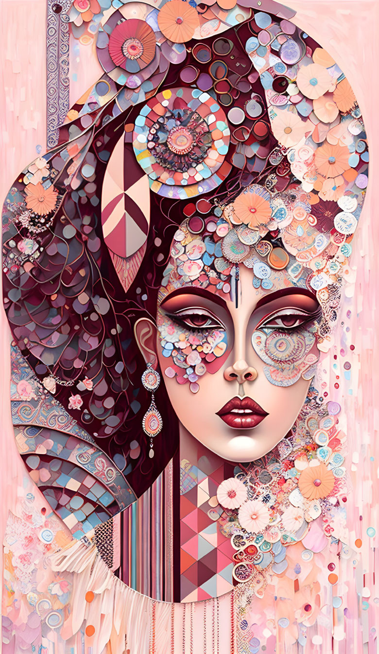 Woman adorned with floral patterns and geometric shapes in pink, red, and purple palette