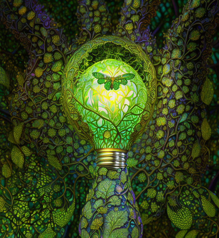 Colorful digital artwork: Glowing green lightbulb with leafy pattern and butterfly.