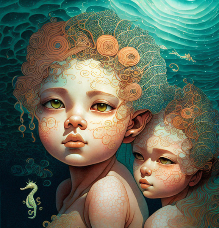 Stylized pale children with vine patterns and roses in hair in aquatic scene