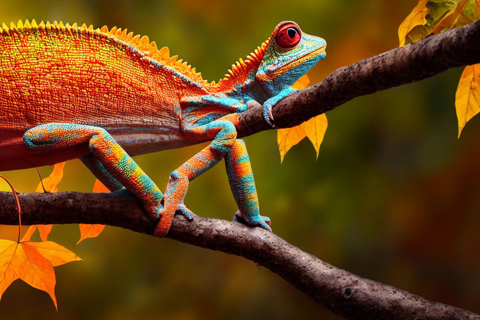 Colorful Chameleon on Branch with Autumn Leaves in Background