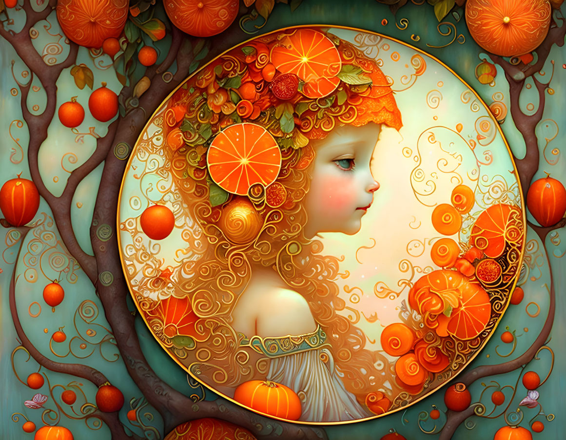 Colorful artwork: Girl with orange motifs in magical setting