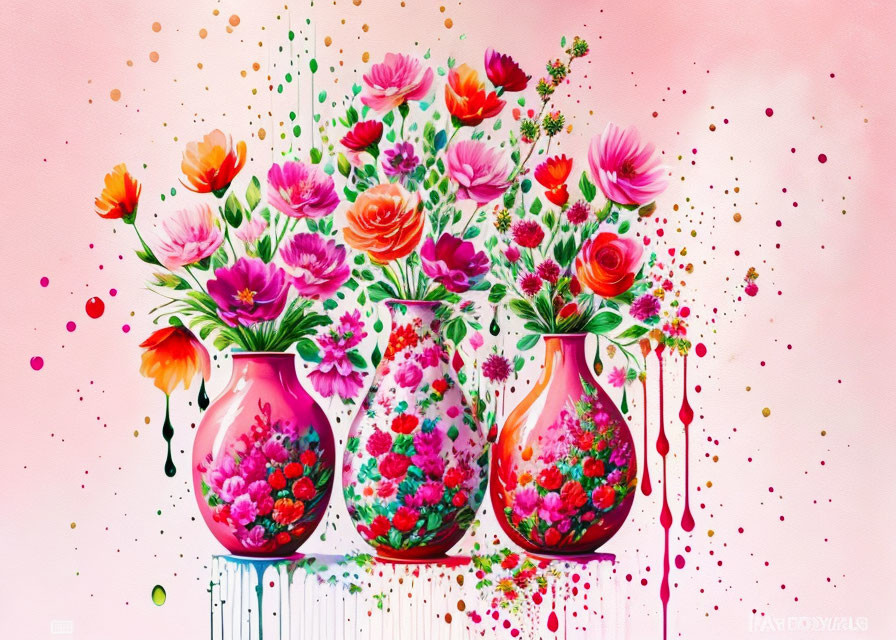 Colorful Flowers in Vibrant Vases on Pink Background with Paint Splatters