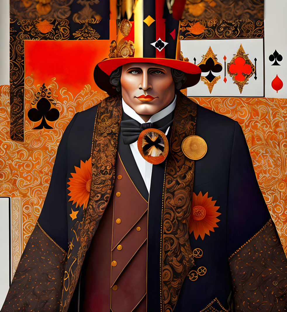 Character portrait: Magician/showman in top hat with playing card symbols and sun motifs