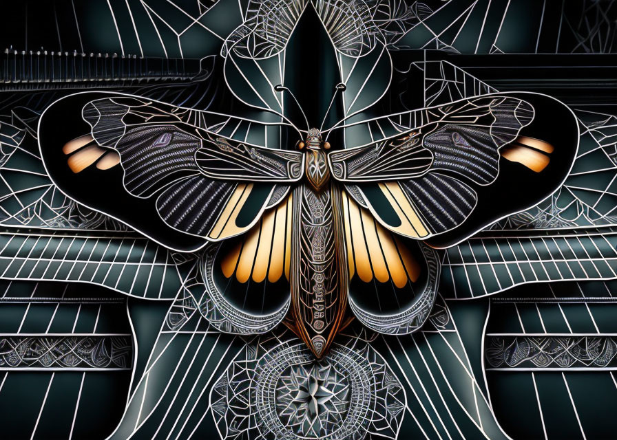 Stylized butterfly digital art with metallic colors on abstract background