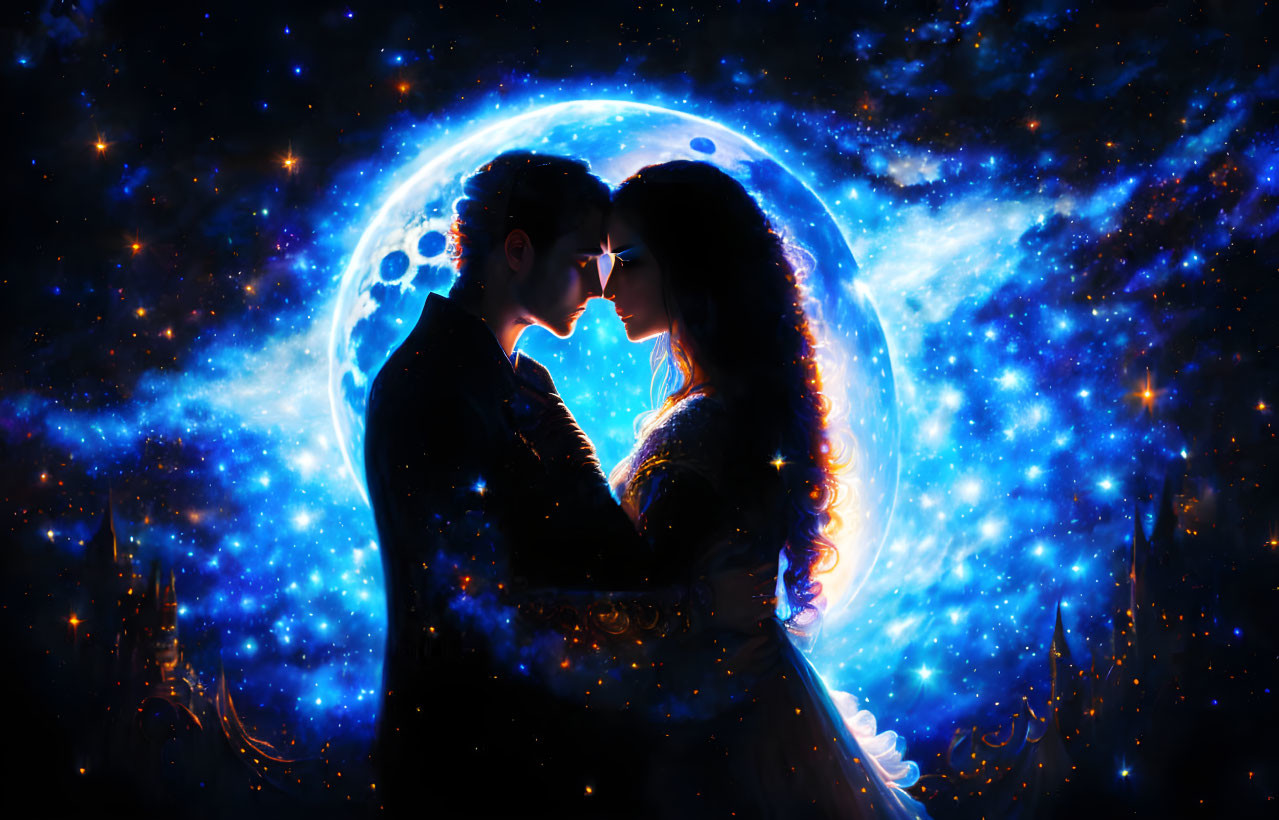 Silhouetted couple surrounded by heart-shaped nebula and stars