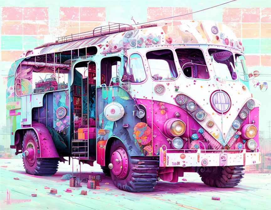 Colorful Retro-Futuristic Bus Artwork with Psychedelic Patterns