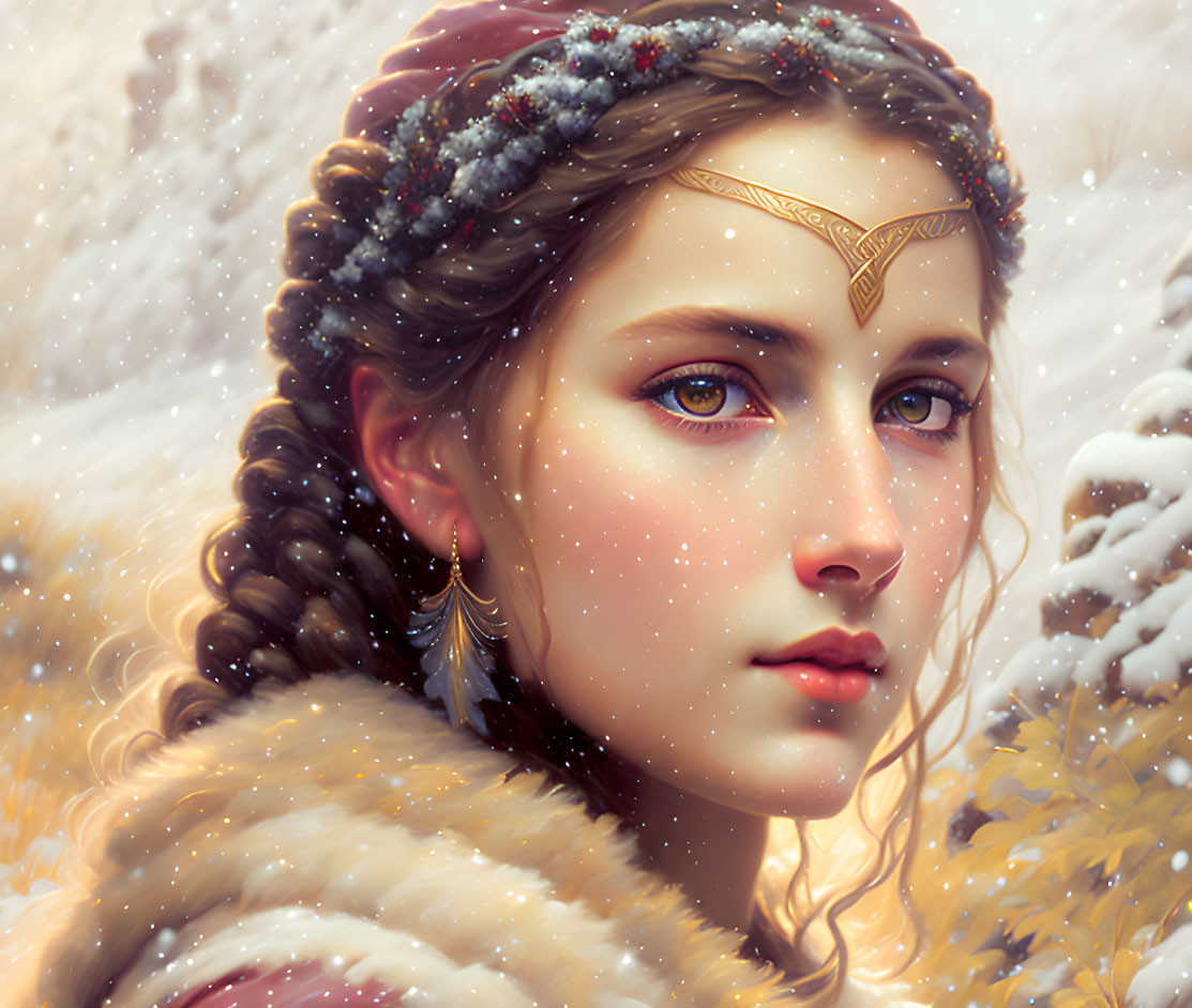 Digital painting of woman with gold tiara, fur cloak, and snowflakes in hair