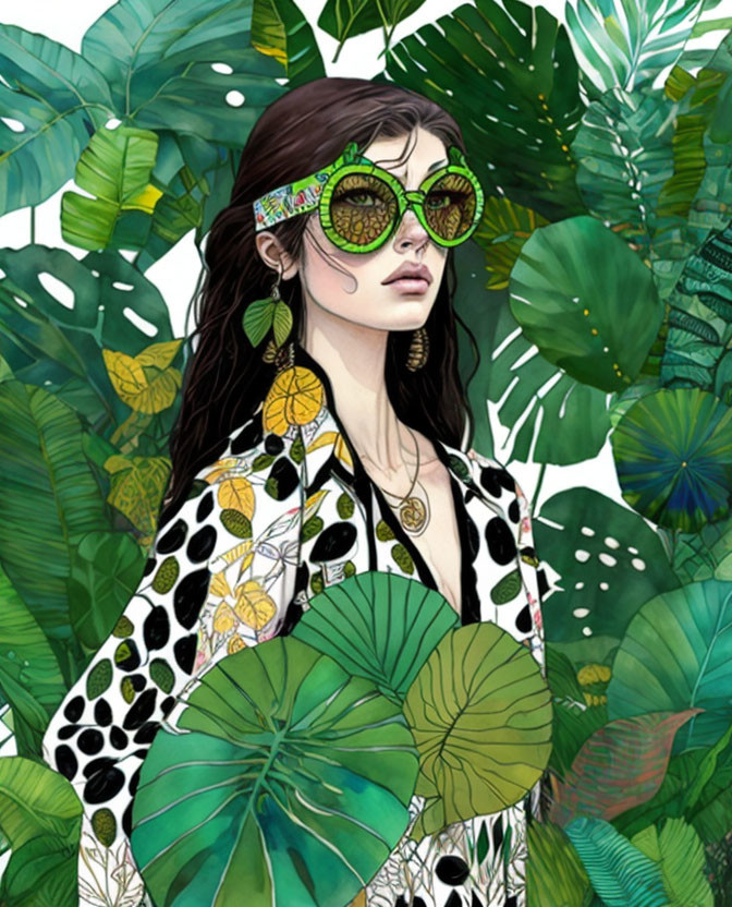 Illustrated woman with dark hair in sunglasses and patterned shirt against lush tropical backdrop