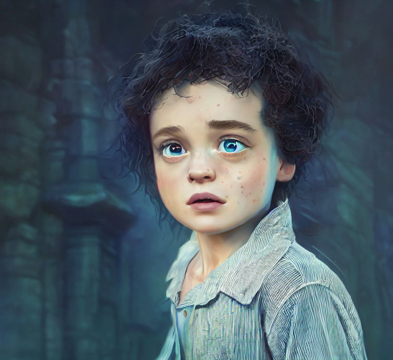 Young Child Digital Portrait with Blue Eyes and Curly Hair