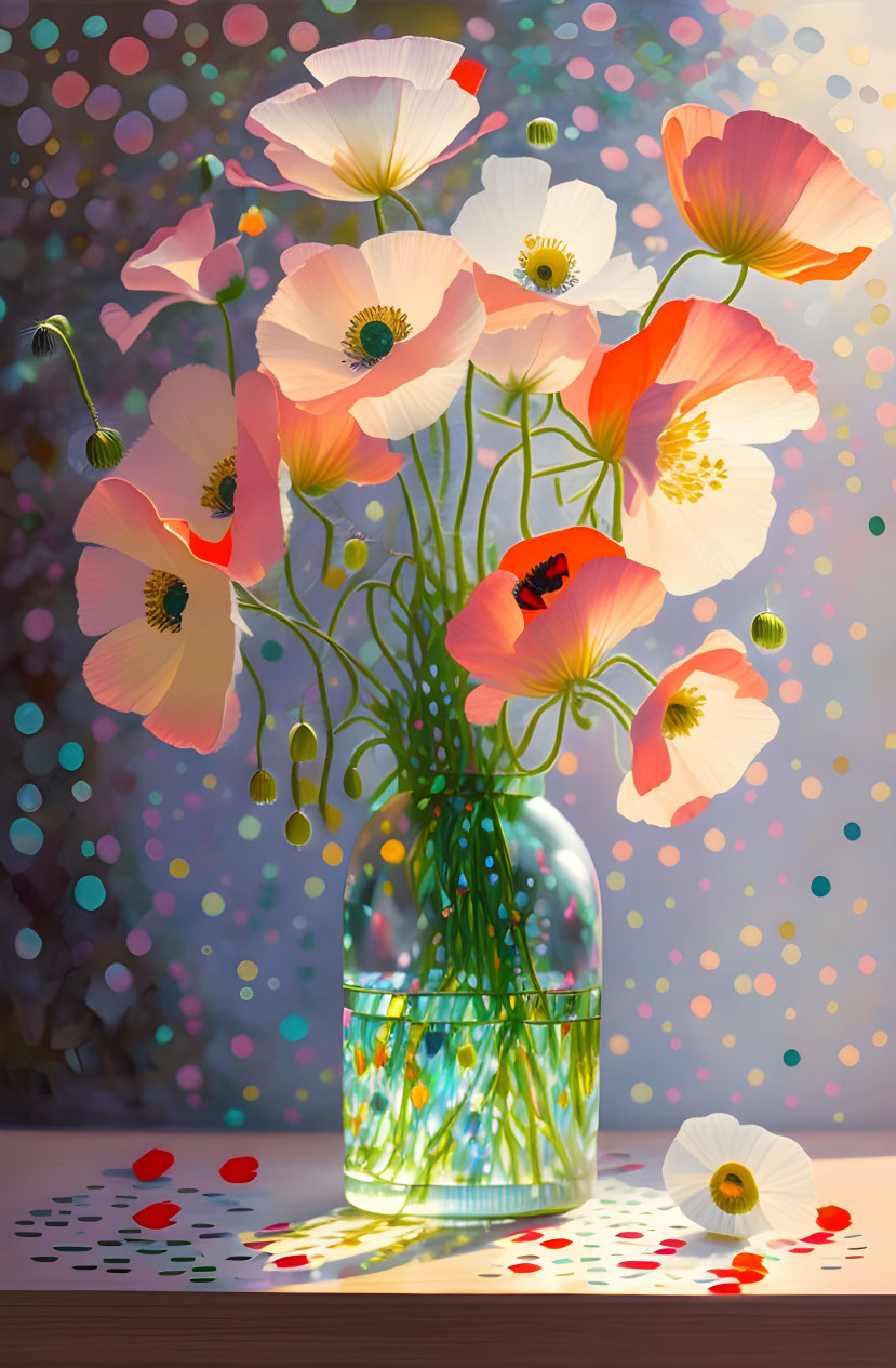 Colorful poppy bouquet in glass vase on bokeh light background