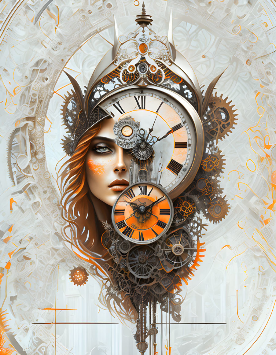 Surrealist artwork: Woman's face merged with clock gears in steampunk style