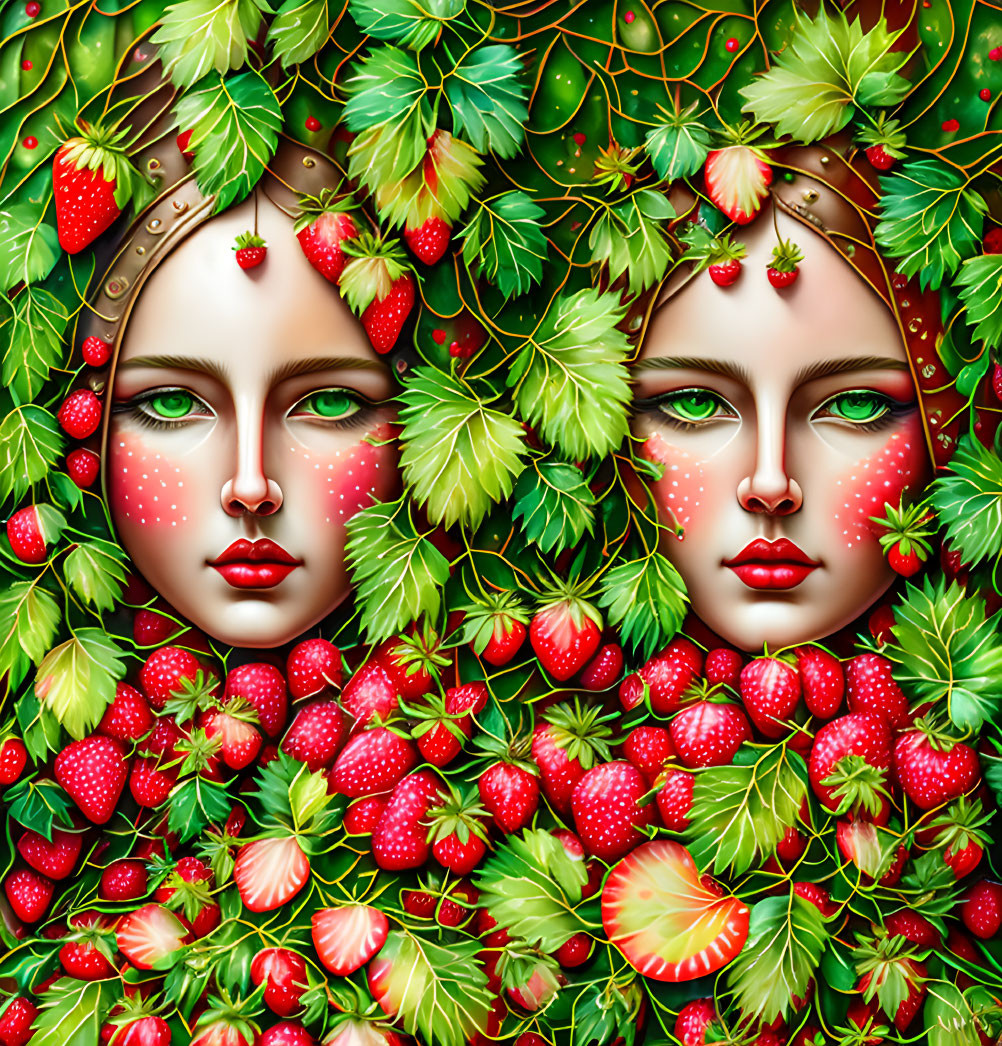 Detailed illustration of two faces merged with nature elements and strawberries