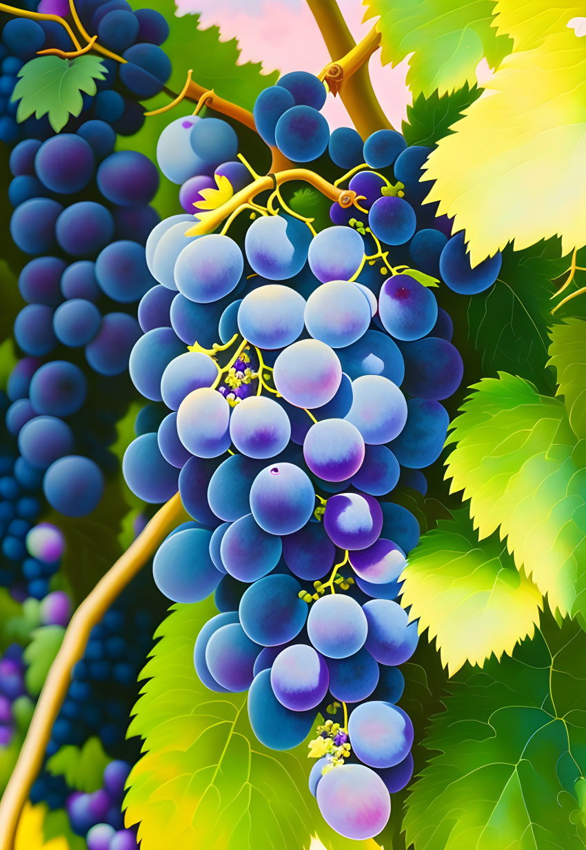 Colorful Illustration of Ripe Purple Grapes on Vine