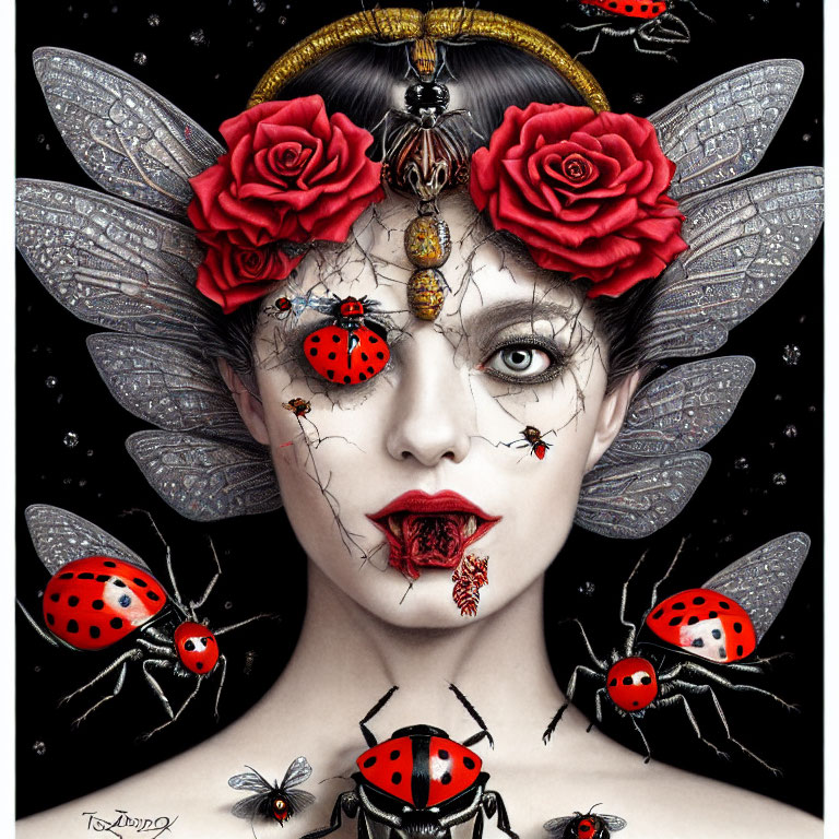 Surreal portrait of woman with red roses, ladybugs, dragonfly wings, and skull makeup