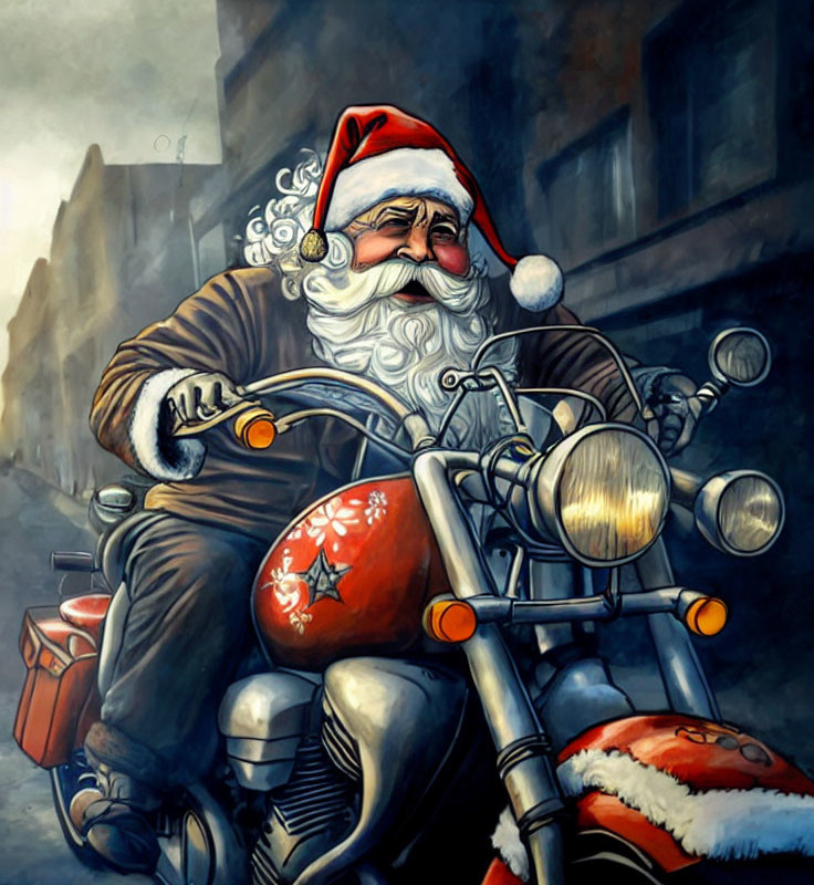 Santa Claus on Motorcycle with Gifts in Urban Alleyway