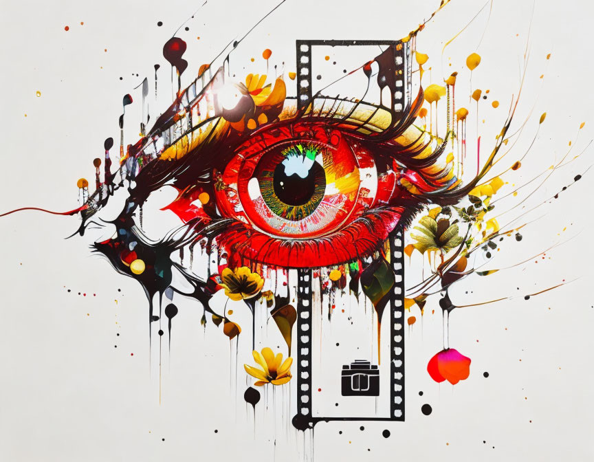 Colorful Eye Artwork with Paint Splashes and Floral Elements on White Background