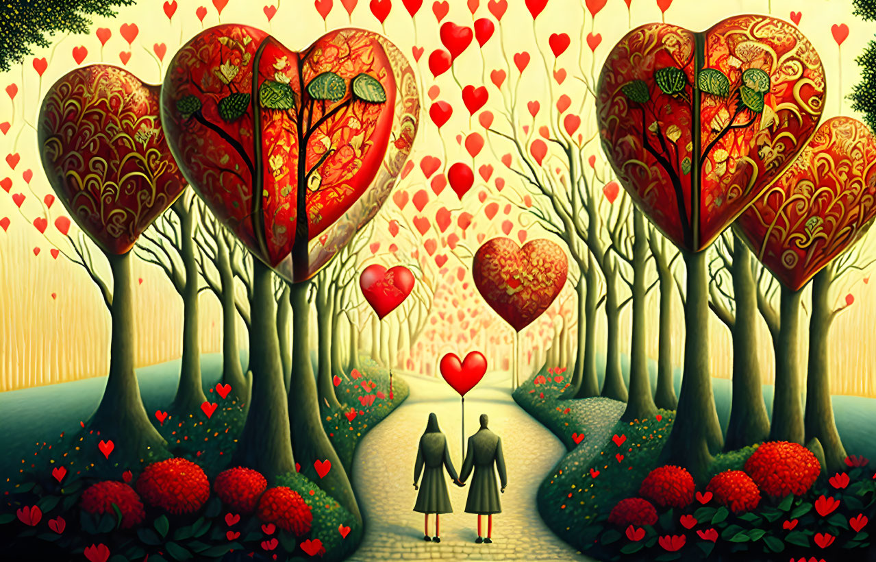 Romantic couple walking down tree-lined path with heart-shaped canopies