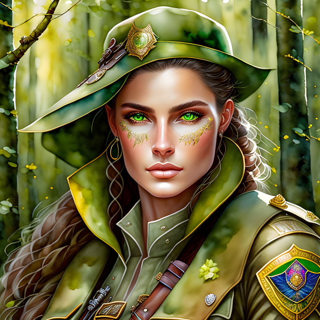 Digital illustration: Woman with green eyes, gold leaf makeup, military-style outfit in forest