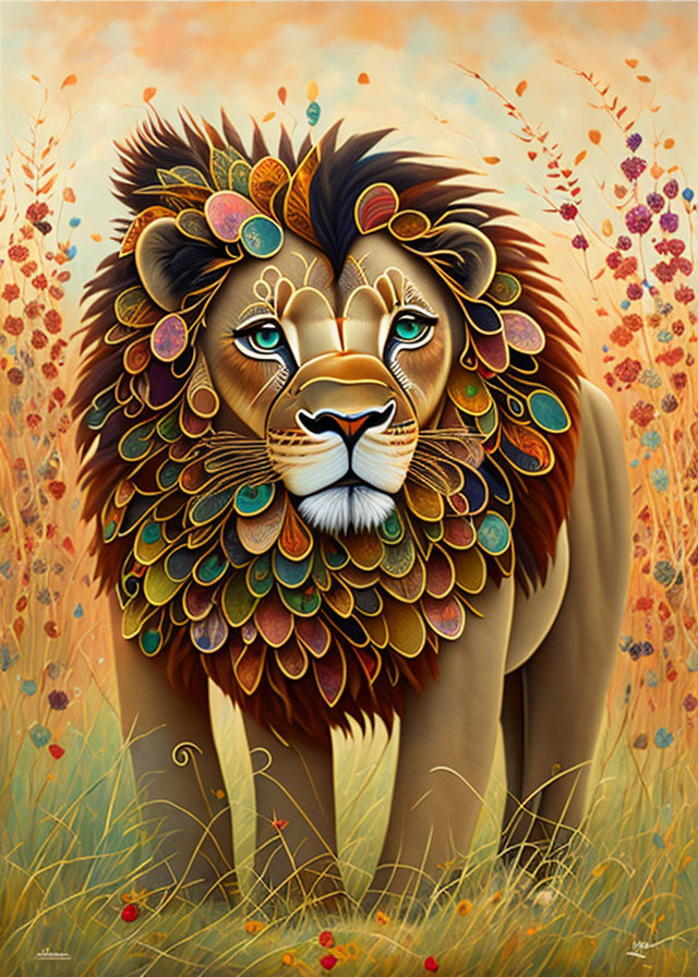 Colorful Illustration of Majestic Lion with Ornate Mane in Grass Field