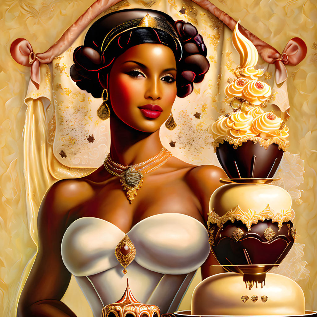 Stylized illustration of elegant woman with ornate headdress and jewelry surrounded by curtains and cupcakes.