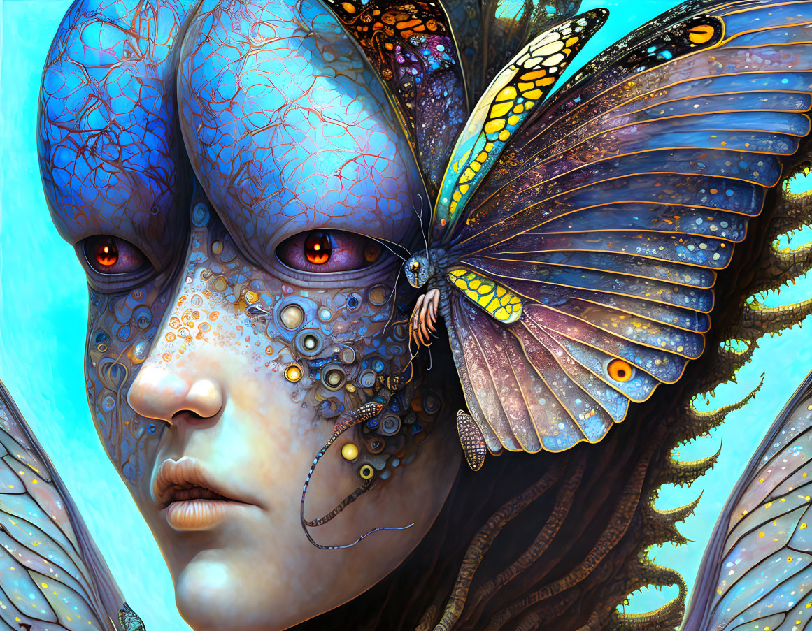 Vibrant human figure with blue patterned skin and butterfly wings