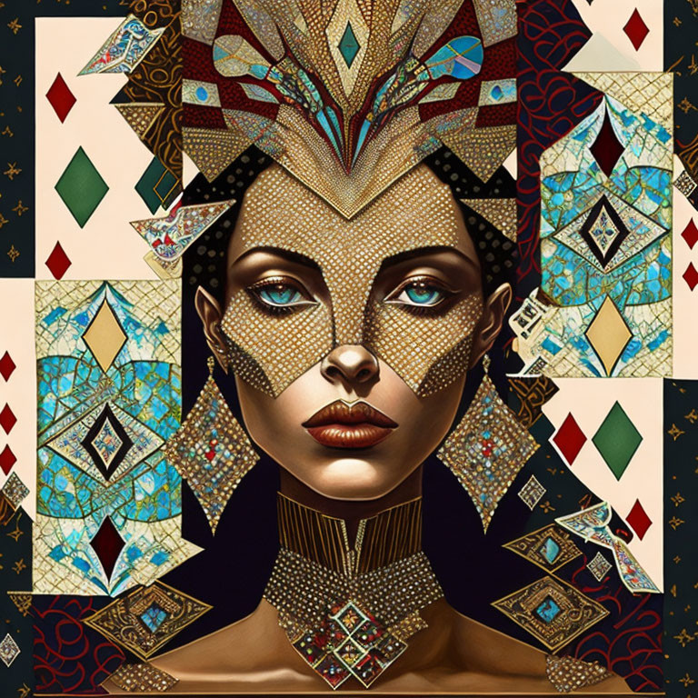 Stylized portrait of a woman with elaborate headwear and jewelry