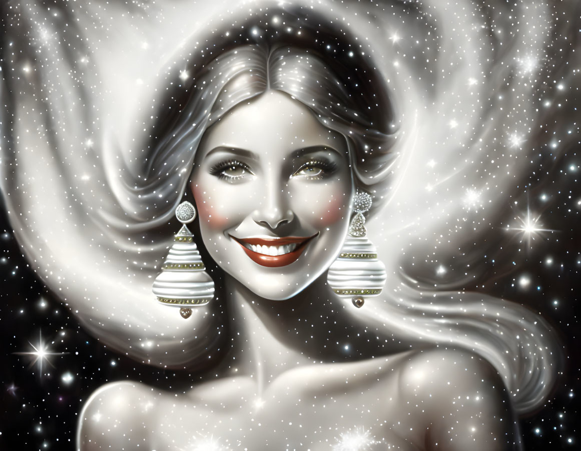 Stylized portrait of smiling woman with cosmic features and twinkling stars backdrop