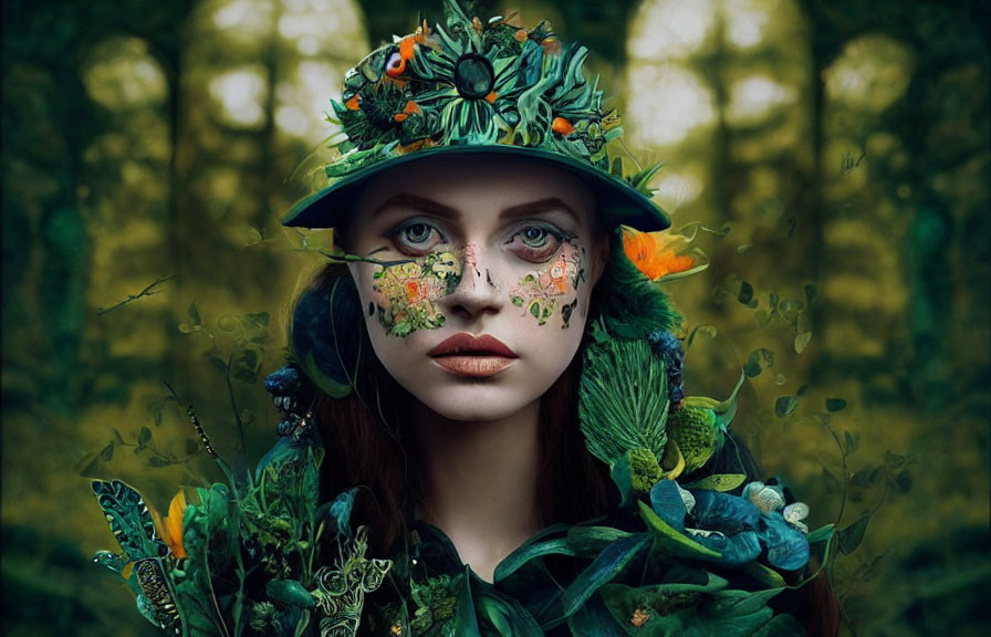 Woman with nature-inspired makeup and floral hat in mystical woodland setting