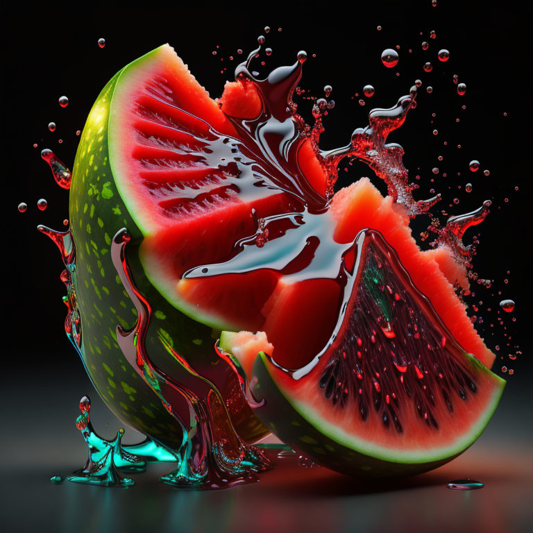 Colorful Sliced Watermelon with Splashing Juice on Dark Background