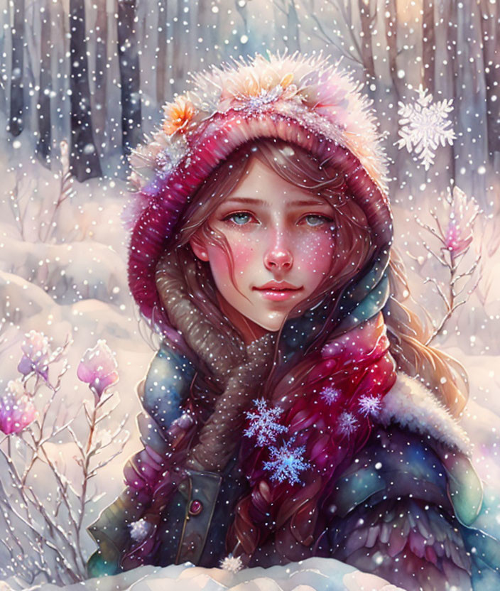 Young woman in colorful scarf and beanie in snowy landscape with pink flora.