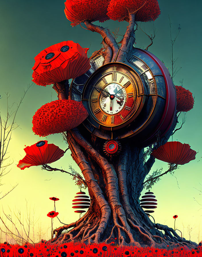 Surreal illustration: tree with clock, red flowers, gradient sky