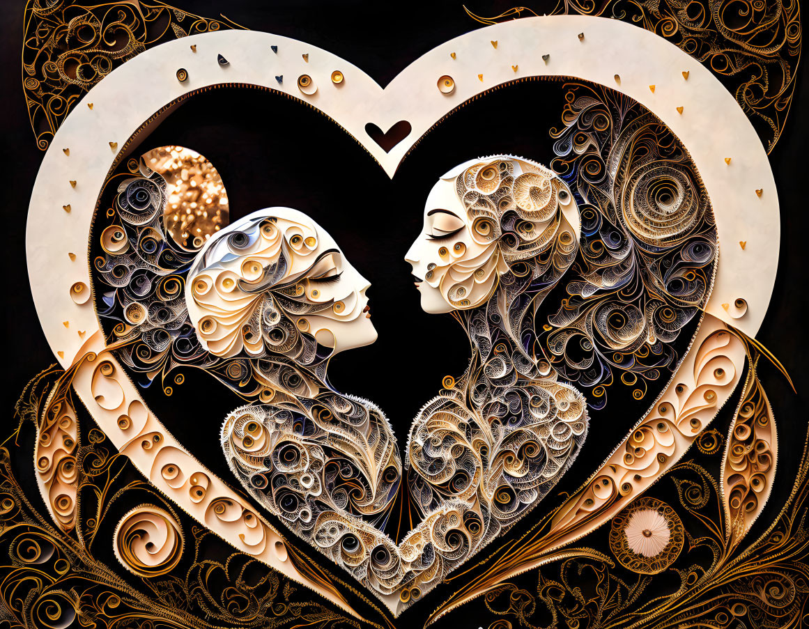 Intricate Heart-Shaped Artwork with Symmetrical Faces on Dark Background