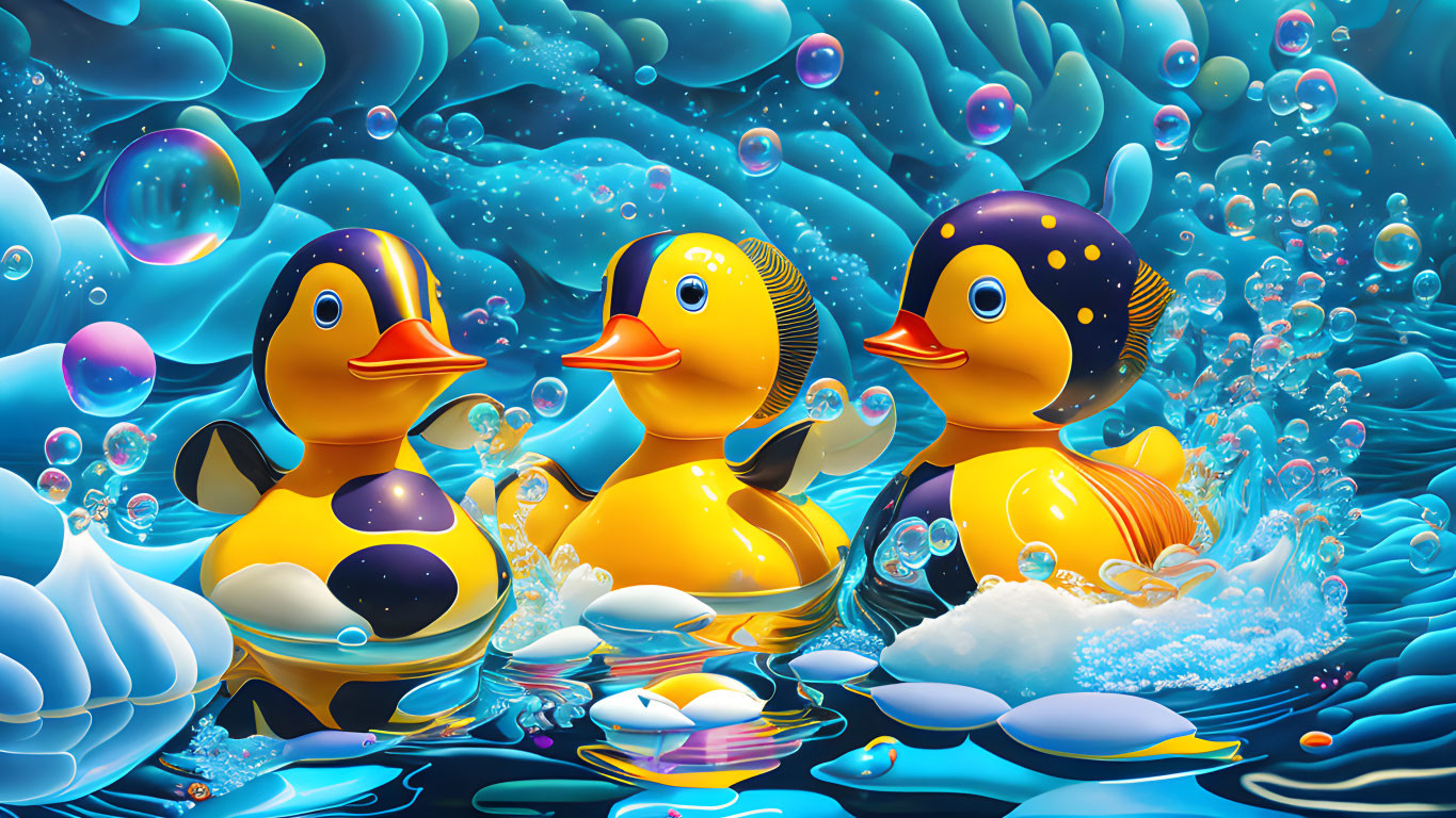 Colorful rubber ducks floating on blue water with bubbles and waves.