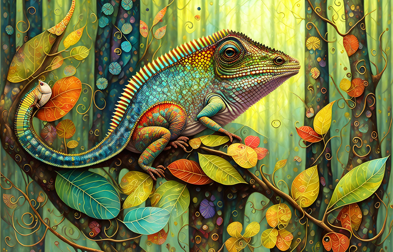 Colorful Chameleon on Branch in Lush Forest with Leaf Details