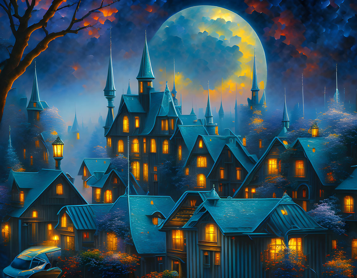 Mystical village with pointed-roof houses under full moon