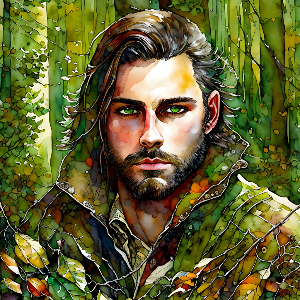 Colorful illustration: Man with beard and green eyes in autumn forest.