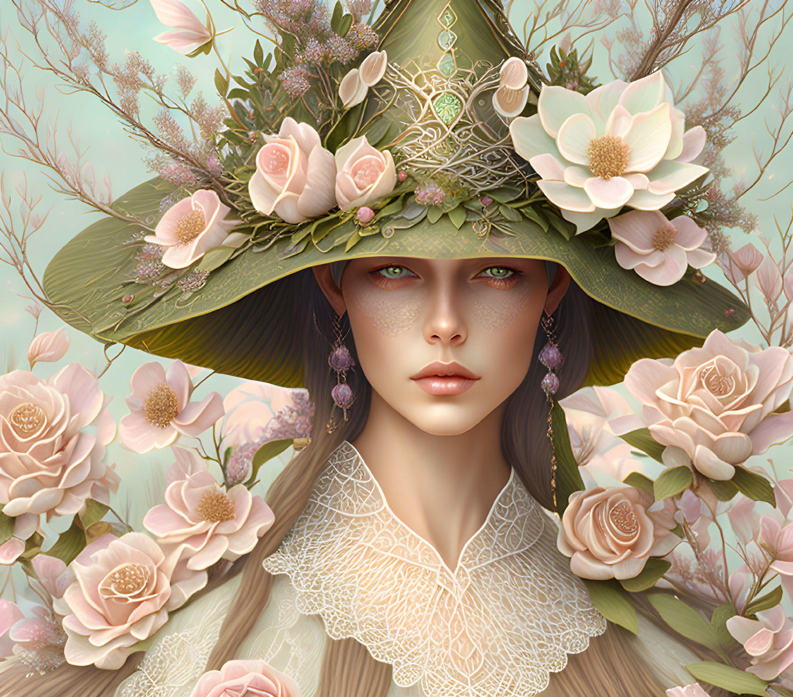 Digital illustration of a woman with floral hat and lace collar in soft pastel colors