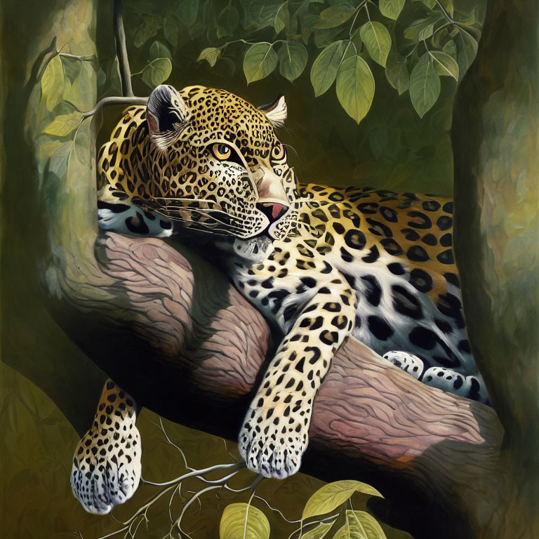 Leopard Resting on Branch in Realistic Painting Style