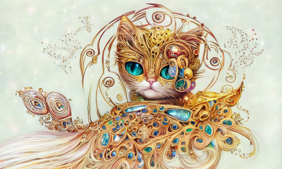 Golden ornate cat with blue eyes and peacock feather details