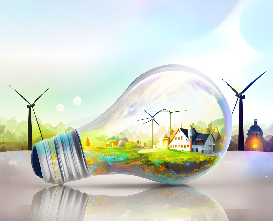 Idyllic landscape in lightbulb with wind turbines and greenery