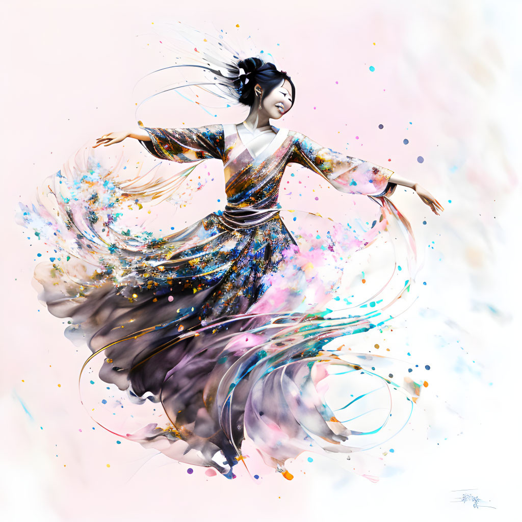 Colorful digital artwork: Joyful woman in kimono dissolving into vibrant splashes