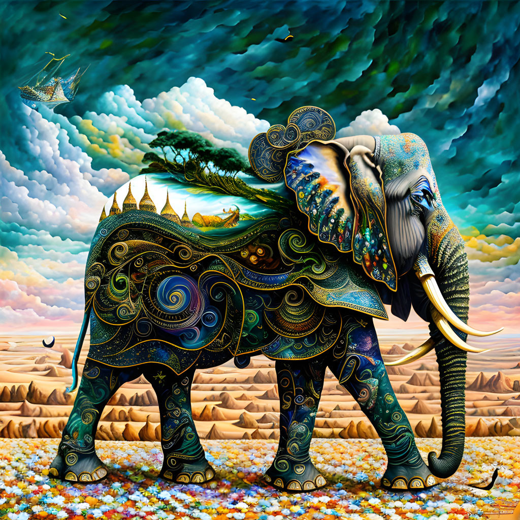 Ornate Elephant in Surreal Landscape with Ship and Colors