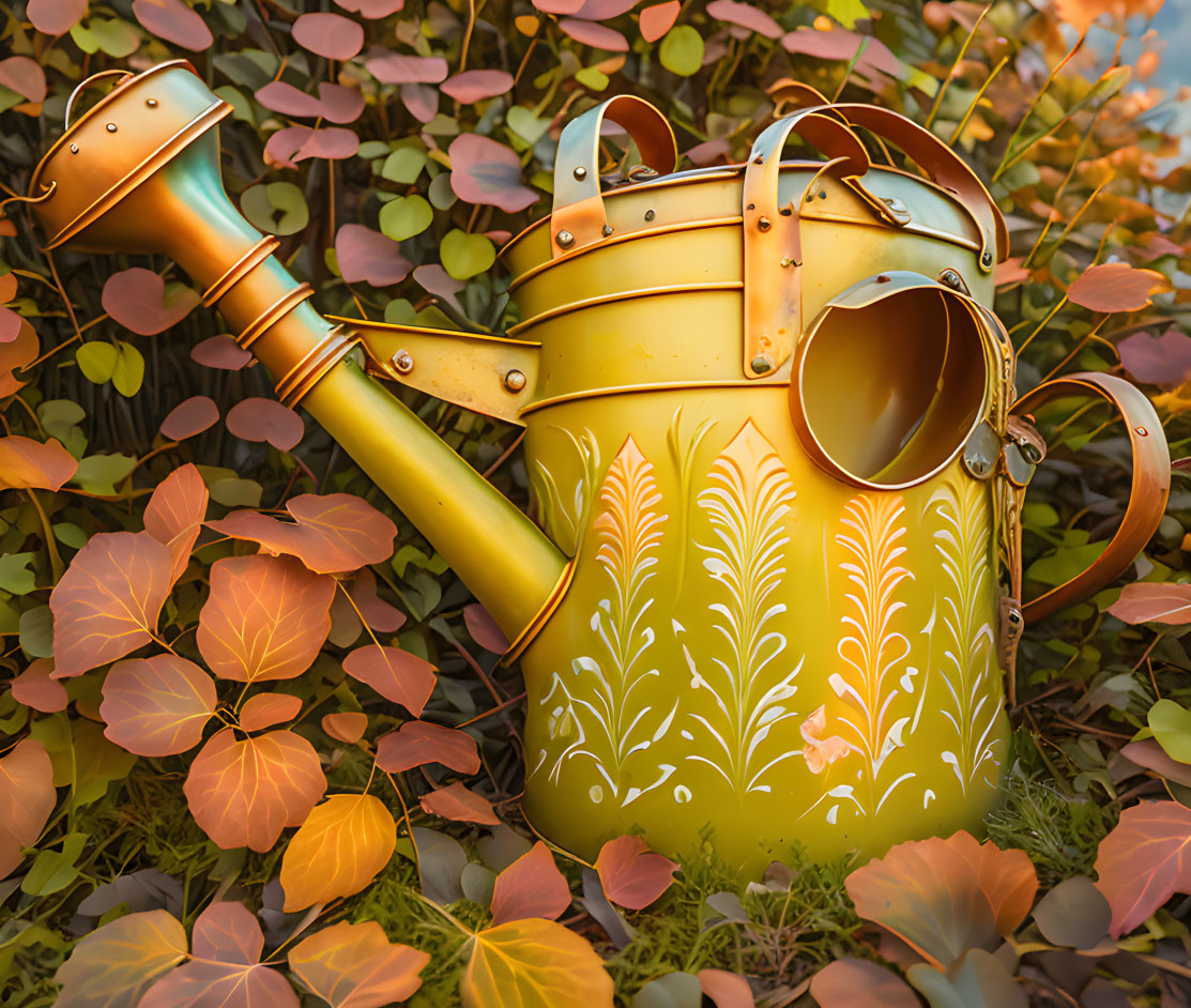 Vintage Yellow Watering Can Among Autumn Leaves: Gardening Nostalgia Evoked