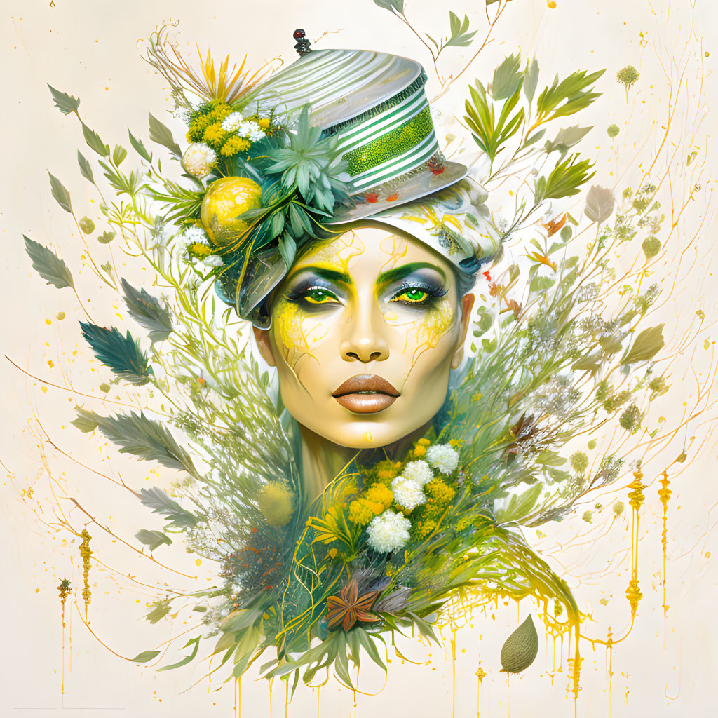 Colorful portrait of a woman with botanical elements and floral hat.