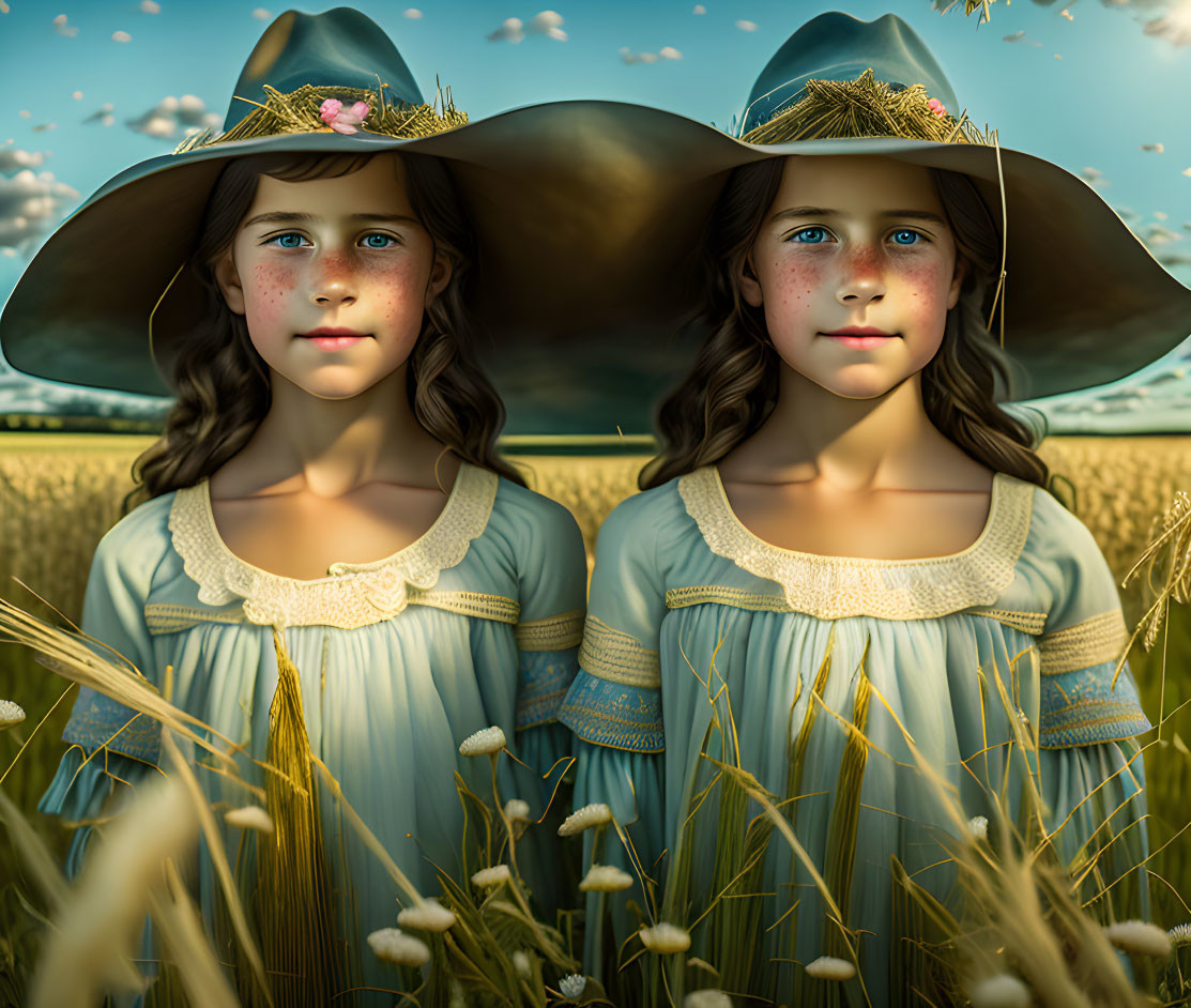 Twin girls in blue dresses and hats in wheat field under clear sky