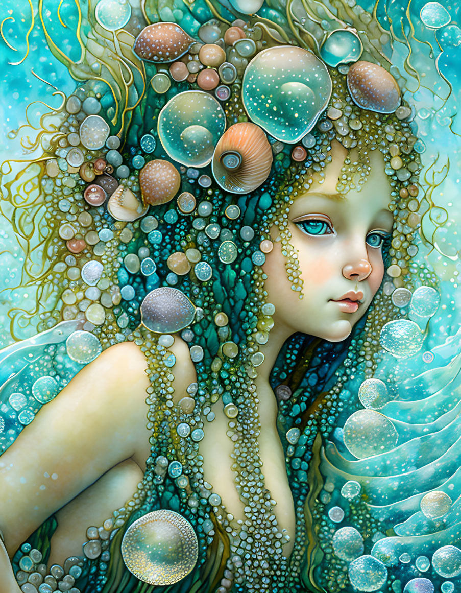 Fantastical portrait of female figure with aqua-toned skin and underwater theme.